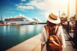 woman standing in front of a cruise ship, travel concept, cheerful,. generative ai