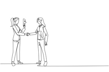 Wall Mural - Single one line drawing two businesswomen shaking hands. One of them has two faces. Full of falsehood. Fake friend. Worst teamwork. Business betrayal. Continuous line design graphic illustration