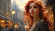 A Young Woman With Vibrant Red Hair Stands In A Victorian Market, Clad In Poor Victorian Clothes, Her Grey Eyes Shining. Generative AI.