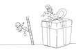 Single continuous line drawing the astronaut kicks opponent who is climbing the gift box with the ladder. Competition justifies any means to get rewards. The rival. One line design vector illustration