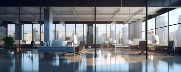 Wall Mural - Interior modern office with lots of glass windows and chairs tables