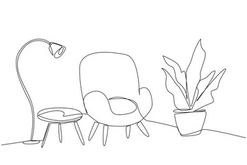 Wall Mural - Single continuous line drawing stylish room with full furniture modern. Clean room used to relax on weekend. Soft chairs are equipped with floor lamps. Minimalist. One line design vector illustration