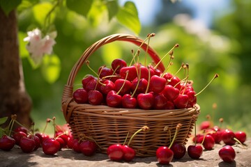 Fresh cherries arranged in a unique basket against a serene natural backdrop