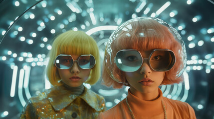 Fashion retro futuristic Children in surrealistic 60s-70s disco club culture life style