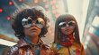 Fashion retro futuristic Children in surrealistic 60s-70s disco club culture life style