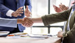 © David - Business Team offer and give hand for handshake in office. Successful job interview. Apply for loan in bank. Salesman, bank worker or lawyer shake for deal, agreement or sale. Increase of salary.