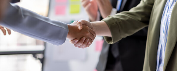 Business Team offer and give hand for handshake in office. Successful job interview. Apply for loan in bank. Salesman, bank worker or lawyer shake for deal, agreement or sale. Increase of salary.	