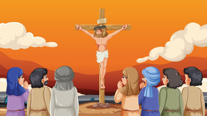 Jesus Hanging on the Cross: A Vector Cartoon Scene