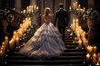 Bride and Groom holding hands and walking up the stairs together at the luxury church background.