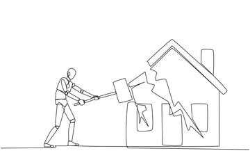 Wall Mural - continuous one line drawing smart robotic preparing to hit the miniature house. metaphor of house as