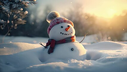 happy snowman in the snow. created with generative ai.