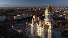 Establishing Aerial Push-in View Of The Cathedral Of The Salvation Of The Nation, Bucharest, Romania