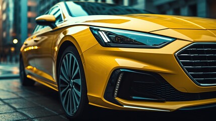 view from the front of yellow new modern luxury car parked outdoors. Headlights and hood of sport yellow car. Car details