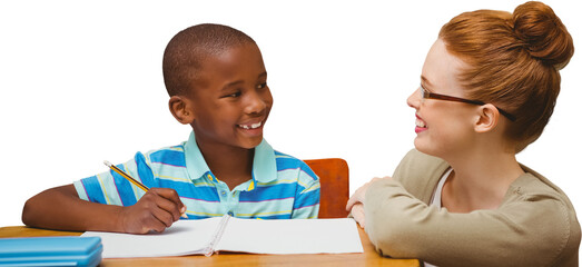 Poster - Digital png photo of happy diverse teacher and pupil looking at each other on transparent background