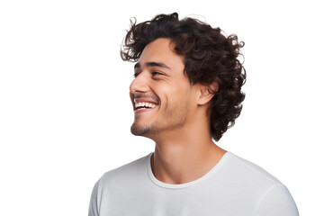 Wall Mural - Close-up portrait of a handsome man with a happy smile looking to the right sideways in studio, isolated on white background