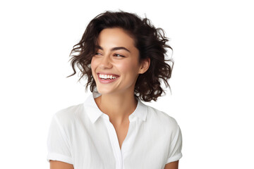 close-up portrait of a beautiful woman with happy smile on her face, beautiful model posing in studi