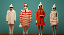 People Wearing 1960’s Vintage Retro Suits  And Santa Hats - Blue Background - Christmas - Festive - Holiday 