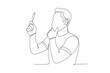 Single continuous line drawing healthcare a man is checking body temperature independently at home. Expectant lady have rest at home with glass. One line draw design graphic vector