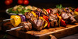 Delicious skewers with meat,,
Grilled Kebab with Tomato  Close-Up Shot Generative Ai