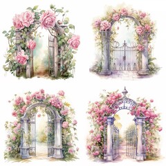 Watercolor garden gate with rose, clipart on white background