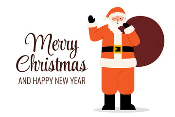 Wall Mural - Merry Christmas and Happy New Year greeting card. Santa Claus character with gift bag on shoulder. Vector banner for holiday design in flat style on white background