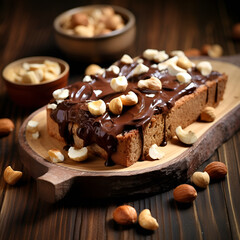 Wall Mural - Board of bread with chocolate paste and hazelnuts on wooden background