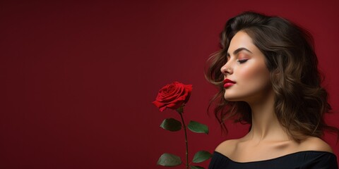 March 8 holiday. Beautiful young woman holding a rose on a red background