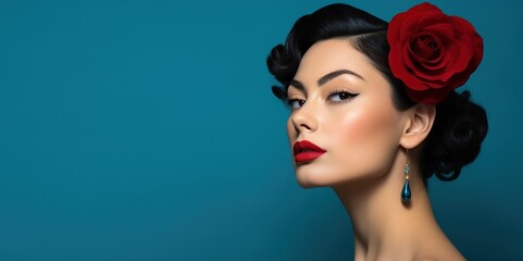 March 8 holiday. Beautiful young woman with a rose in her hair on a blue background.