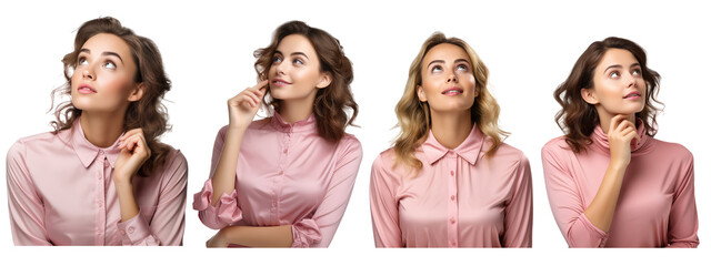 young woman in pink shirt looking up thinking, isolated