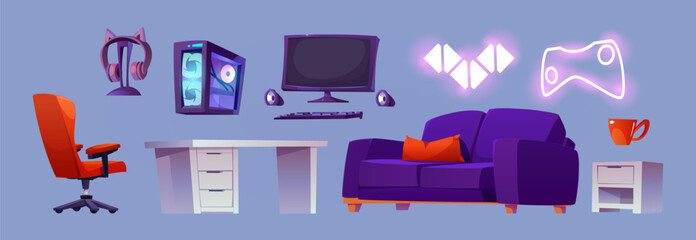 Wall Mural - Gamer room design elements isolated on background. Vector cartoon illustration of desktop computer, earphones and system unit, armchair and desk, couch and drawer with cup, neon led lights for decor