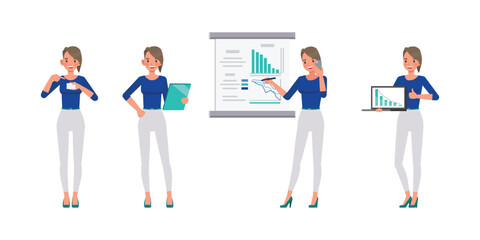 Wall Mural - Set of working woman wear blue shirt color character vector design. Presentation in various action. Businesswoman working in office planning, thinking and economic analysis on isolated white backgroun