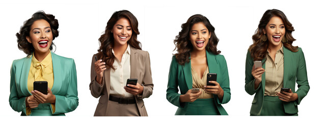 Wall Mural - woman in a chic business attire, looking at her smartphone with a surprised and delighted expression