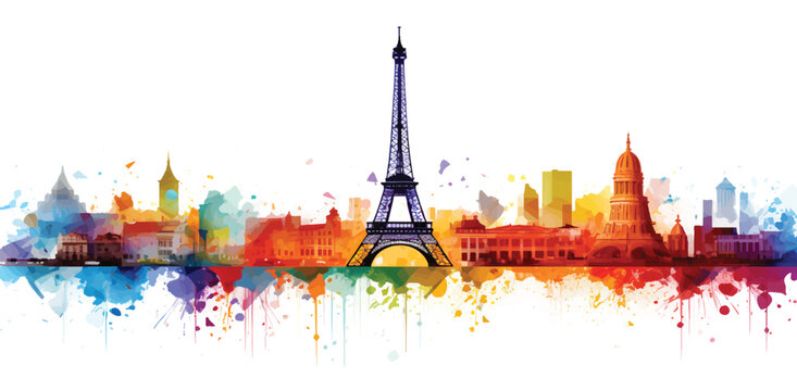 Colorful Eiffel Tower illustration, travel concept for France and Europe.