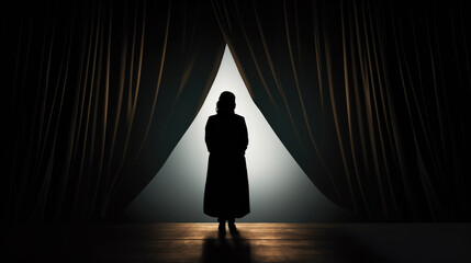 Wall Mural - Silhouette from behind of a woman on stage looking out between parted curtains