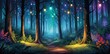 Paisaje de un bosque mágico iluminado con luminarias de colores 