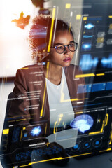 Poster - A woman operating a hologram interface. Graphical user interface. Head up display. Digital technology.