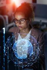 Young woman working in the office and global communication network concept. Information technology. Digital transformation.