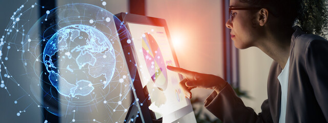 Poster - Young woman working in the office and global communication network concept. Information technology. Digital transformation.