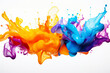Flying multicolored object on white background. Isolated liquid splatter showcases artistic creativity and grunge texture. Abstract, dynamic, and colorful. Is AI Generative.