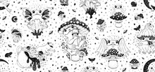 Trippy Frog Pattern. Psychedelic Doodle Frog Toad Background. 60s Cartoon Seamless Pattern. Cute Child Character. Abstract Crazy Cute Frogs On Mushroom, Flower, Moon, Wing. Vintage Celestial Drawing
