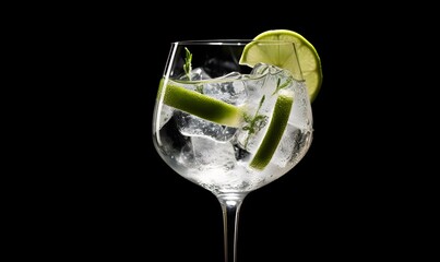 Wall Mural - gin tonic in a glass with ice, black Background. Generative AI