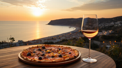 Canvas Print - Italian pizza and glasses of wine on  Calabria coast at sunset