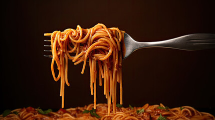 Wall Mural - Isolated Fork with spaghetti pasta mozzarella aubergine  on white background, Fork with tasty pasta i