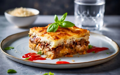 Wall Mural - Capture the essence of Moussaka in a mouthwatering food photography shot Generative AI