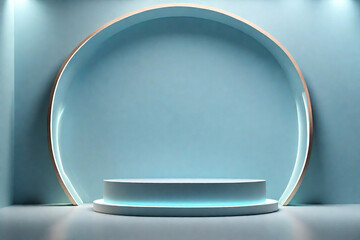 Podium of an round shape against a light blue wall with beautiful backlighting. Trendy modern background for presentation