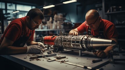Poster - Rocket engineers building a rocket in an aerospace factory