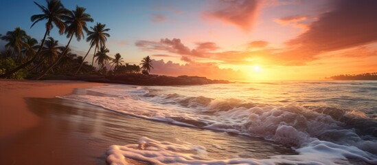 Canvas Print - Beautiful landscape sunrise or sunset over the tropical beach.AI generated image