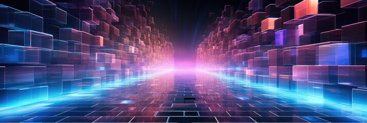 Leinwandbilder - Abstract futuristic digital space with neon lighting. Perspective of cyberspace or virtual reality, Future, Metaverse, Network, Database.