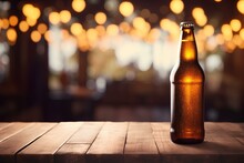 Beer Bottle On A Classic Wooden Table, Vintage Bokeh Bar Background Created With Generative AI Technology	
