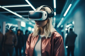 Poster - Woman in VR headset walks in shop, Using virtual reality.